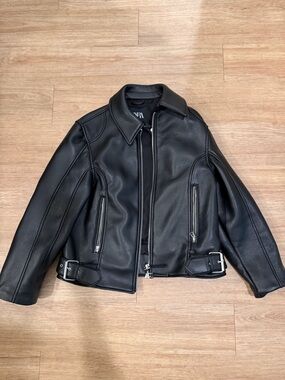 ZARA Black Leather Bomber Jacket with Belted Hem